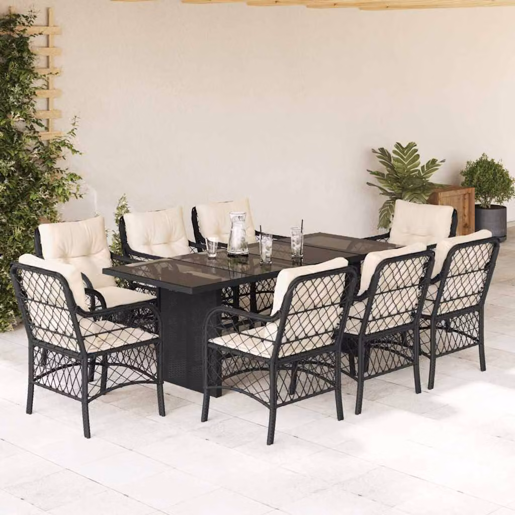 Set da Pranzo da Giardino vidaXL in Polyrattan Nero con Cuscini e Tavolo in Vetro, 9 Pezzi – 1