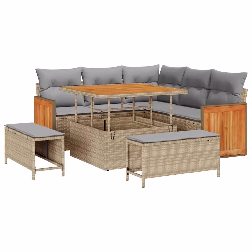 Set Divano da Giardino vidaXL 9 Pezzi a Forma di L con Tavolino e Pouf, Colore Beige e Grigio, Struttura in Metallo e Polyrattan per 8 Persone – 2