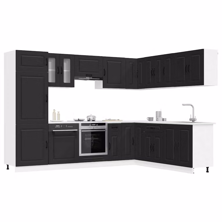 Set di mobili da cucina moderno vidaXL Kalmar composto da 14 pezzi in legno e vetro, colore nero opaco