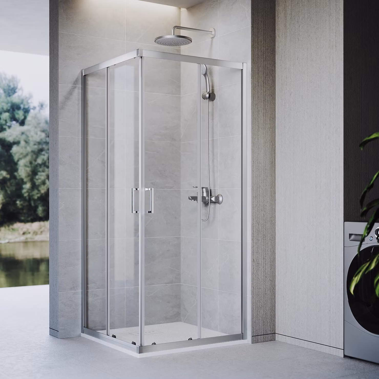 SONNI 80 x 80 x 185 argento Cabina doccia, porta scorrevole con binario superiore e inferiore, vetro da 5 mm, telaio della porta con escursione di 20 mm