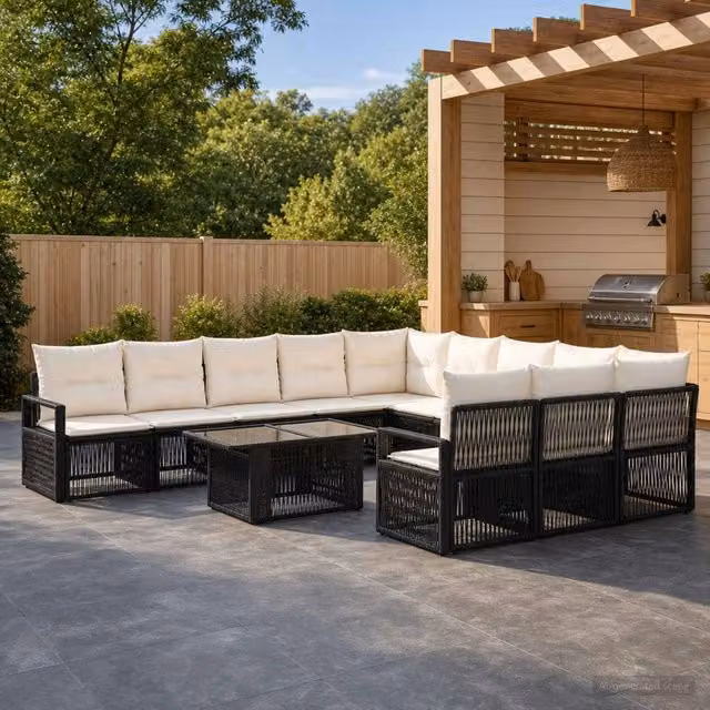 Set Divano da Giardino a Forma di U con Tavolino vidaXL in Polyrattan, Nero e Bianco con Cuscini Inclusi