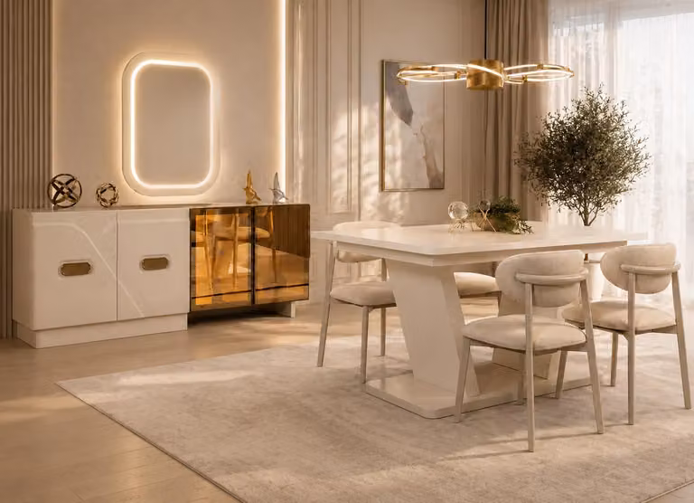 Set di mobili da pranzo di alta qualità: tavolo da pranzo di design, 4 sedie imbottite, specchio