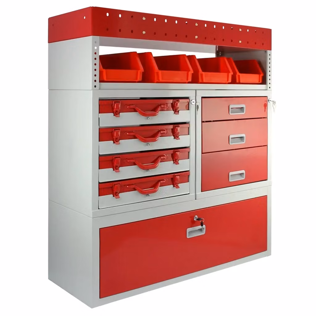 Scaffale Universale per Van Monster Shop in Acciaio con Ante Chiusurabili Grigio e Rosso L: 117,8 cm, P: 36 cm, H: 101,6 cm – 2