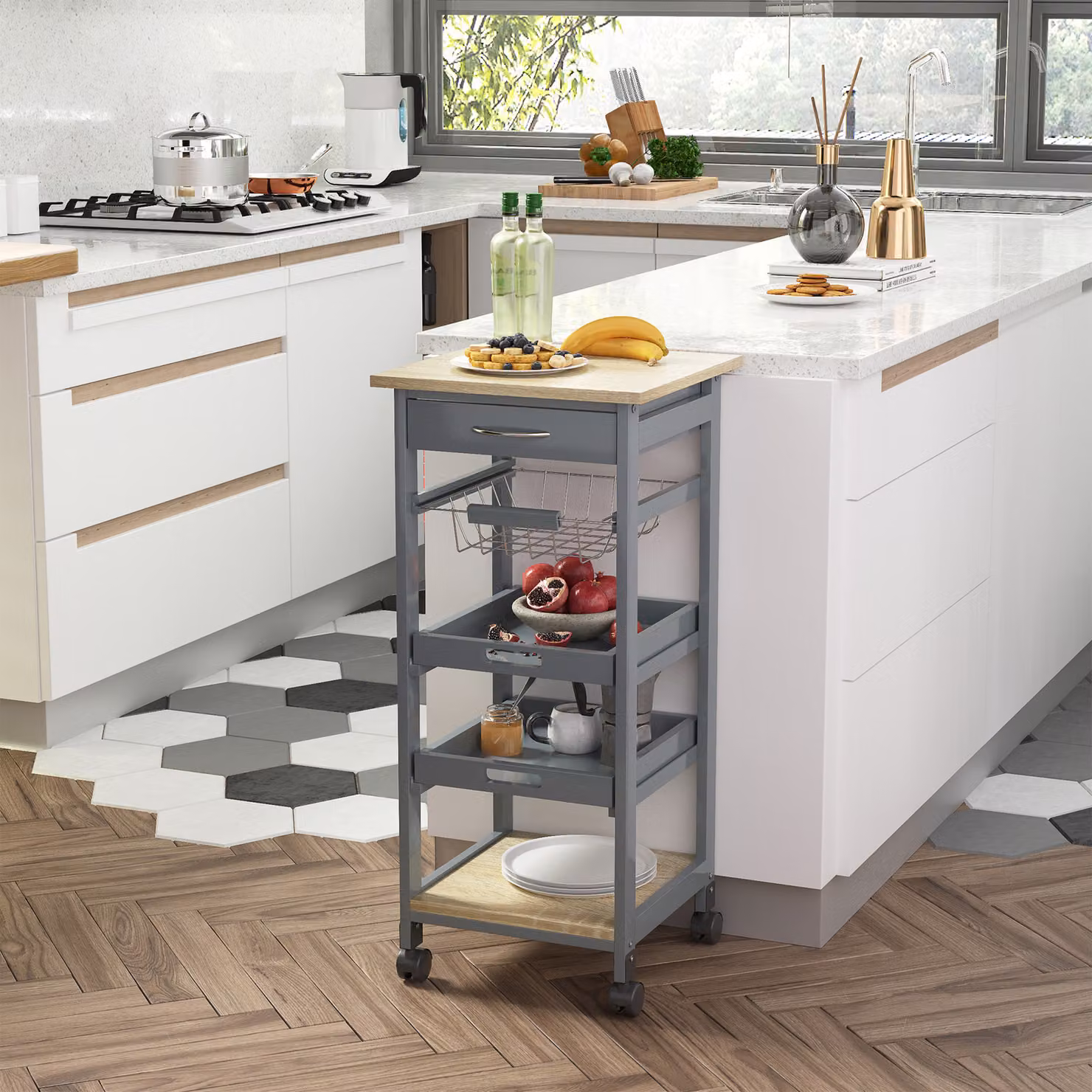 Carrello da cucina e soggiorno HOMCOM con cestino, 2 vassoi rimovibili, cassetto e mensola in legno rovere chiaro e metallo grigio opaco – 2