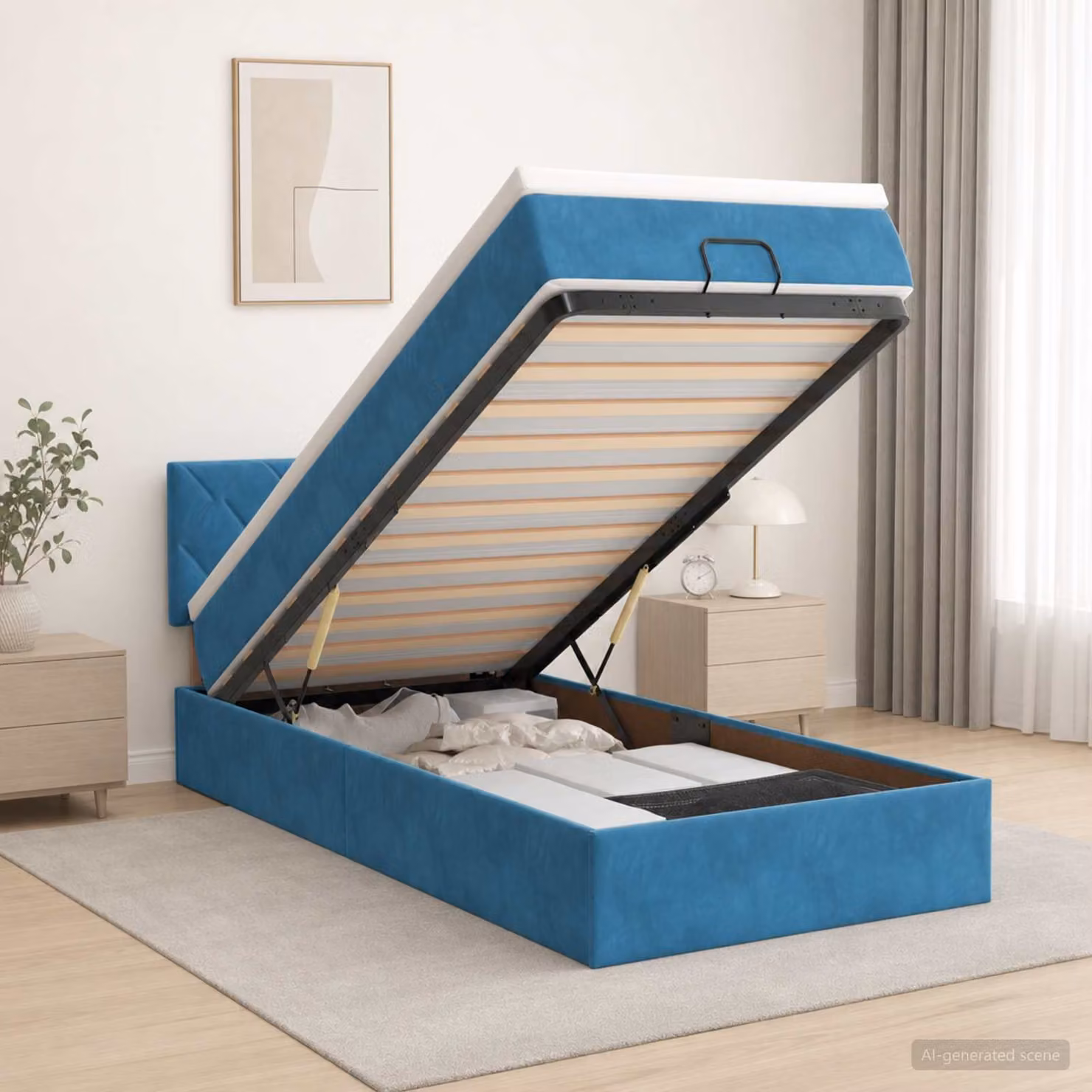 Letto ottomano con materasso vidaXL in velluto blu e bianco, L/P/H: 190 x 90 x 44 cm