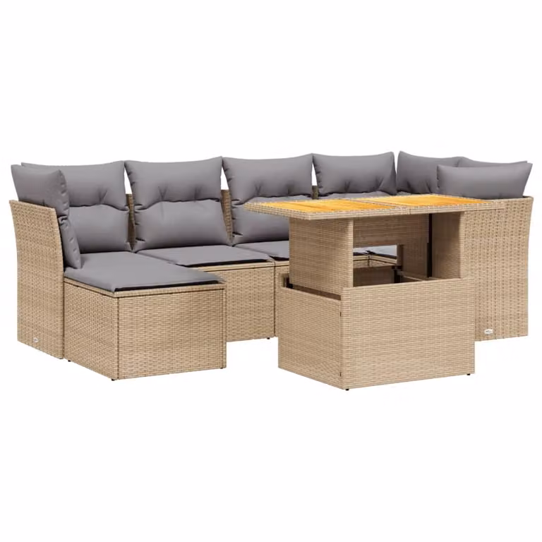 Set Divani da Giardino 7 pz con Cuscini Beige in Polyrattan