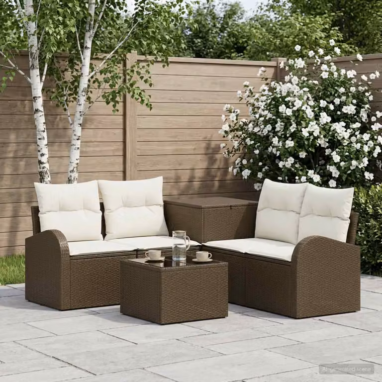 Set di divani da giardino vidaXL in polyrattan marrone e bianco crema con tavolo da caffè e pouf coordinato
