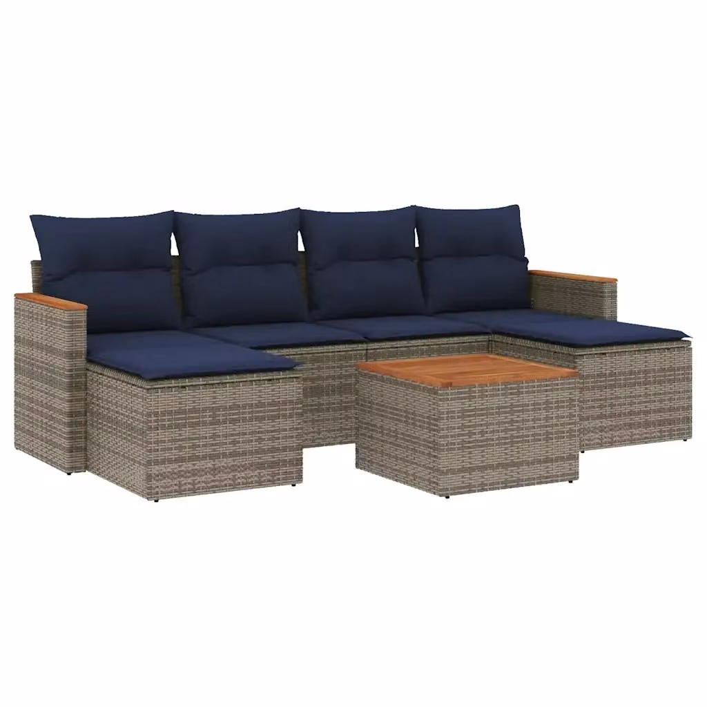 Set di divani da giardino vidaXL in polyrattan e legno di acacia con cuscini grigi e blu, 7 pezzi – 2