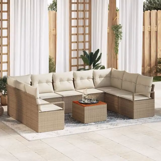 Set Divano da Giardino 10 Pezzi vidaXL Beige e Bianco con Cuscini e Tavolino da Esterno in Polyrattan e Acciaio