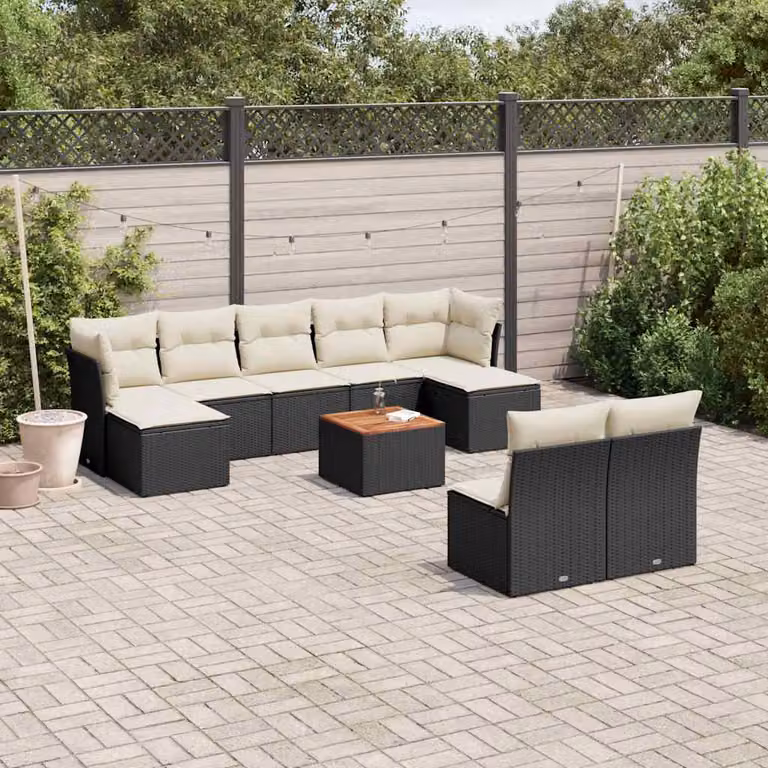 vidaXL Set Divani da Giardino a L 10pz in Polyrattan Nero con Cuscini e Tavolino da Esterno