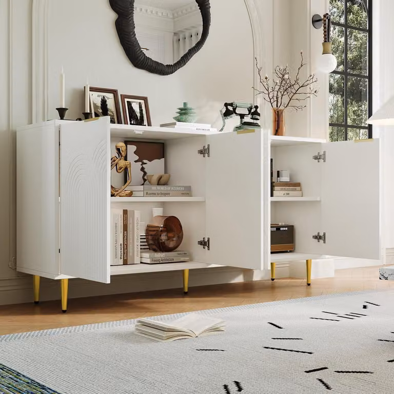 Mobile contenitore a 4 ante, colore bianco, maniglie dorate, dimensioni 160x40x80 cm
