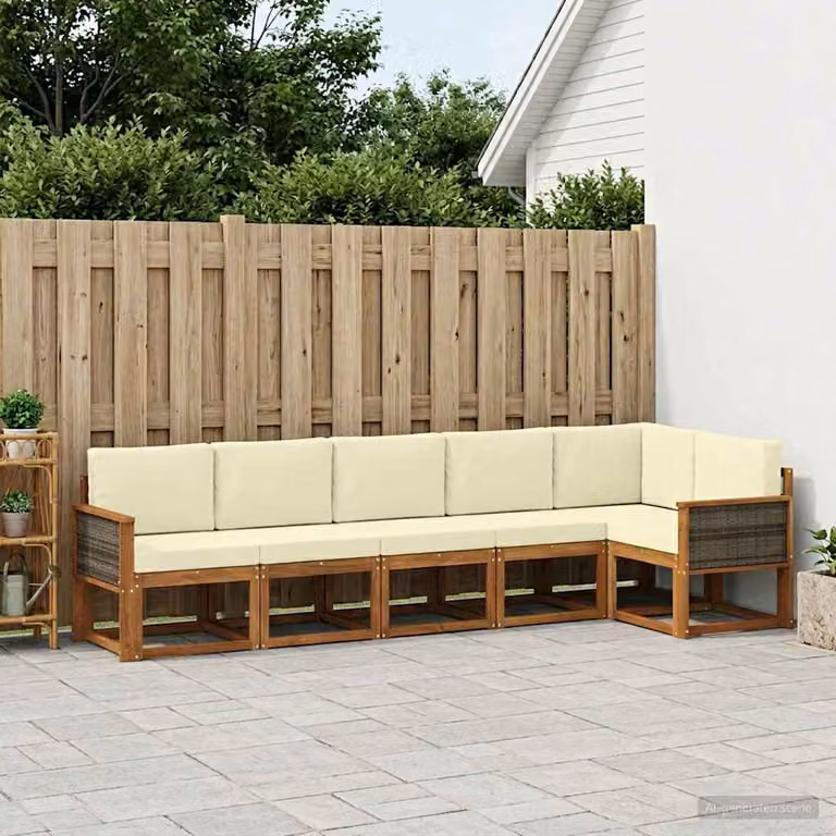 vidaXL Set di divani da esterno a L composto da 6 pezzi in legno di acacia con cuscini beige e bianco