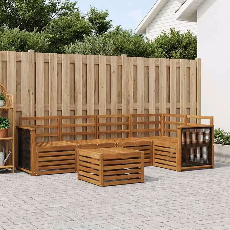 Set di divani da esterno vidaXL in legno di acacia massello 6 pezzi con tavolino, colore marrone e bianco, design moderno a L per giardino e terrazza