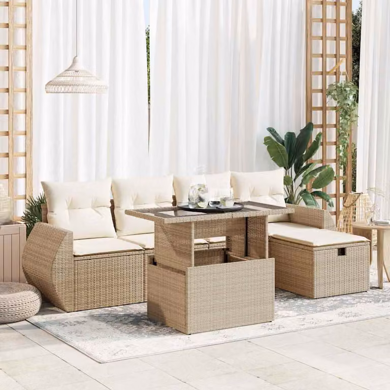 Set Divano da Giardino vidaXL 6 pz in Polyrattan con Cuscini Beige
