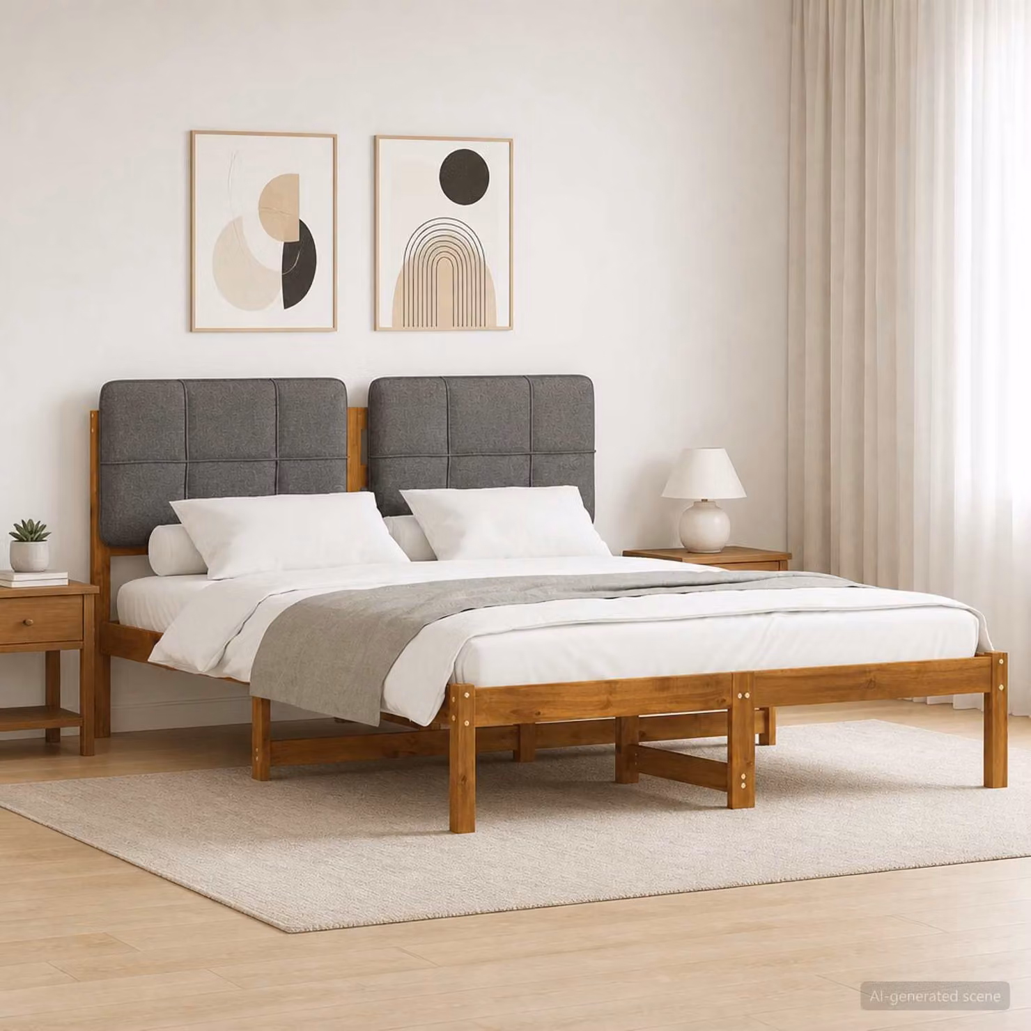 Letto con Testiera Rivestita vidaXL in Legno di Acacia e Tessuto, Colori Naturale e Grigio Chiaro, L/P/H: 120 x 200 x 85 cm