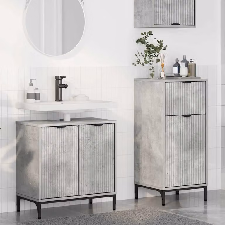 Set di mobili per il bagno vidaXL composto da mobile lavabo e mobile contenitore, design moderno in legno e metallo, Grigio e Nero