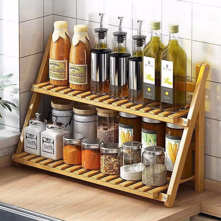 Pianeta di bambù multifunzionale per l'organizzazione della cucina, con 2 ripiani