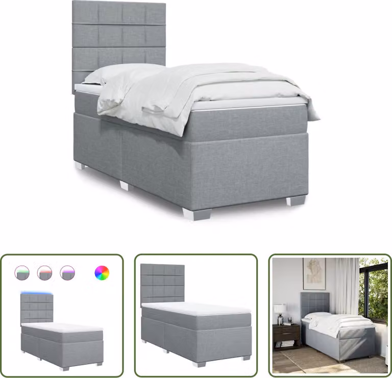 The Living Store Letto a molle con materasso grigio chiaro 90x200 cm in tessuto