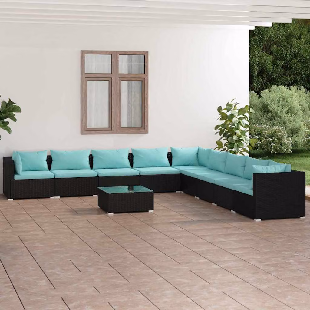 Set Divani da Giardino vidaXL 10 Pezzi con Tavolino e Cuscini in Polyrattan e Acciaio, Design Moderno a L con Coperture Rimovibili, Colore Nero, Blu o Turchese