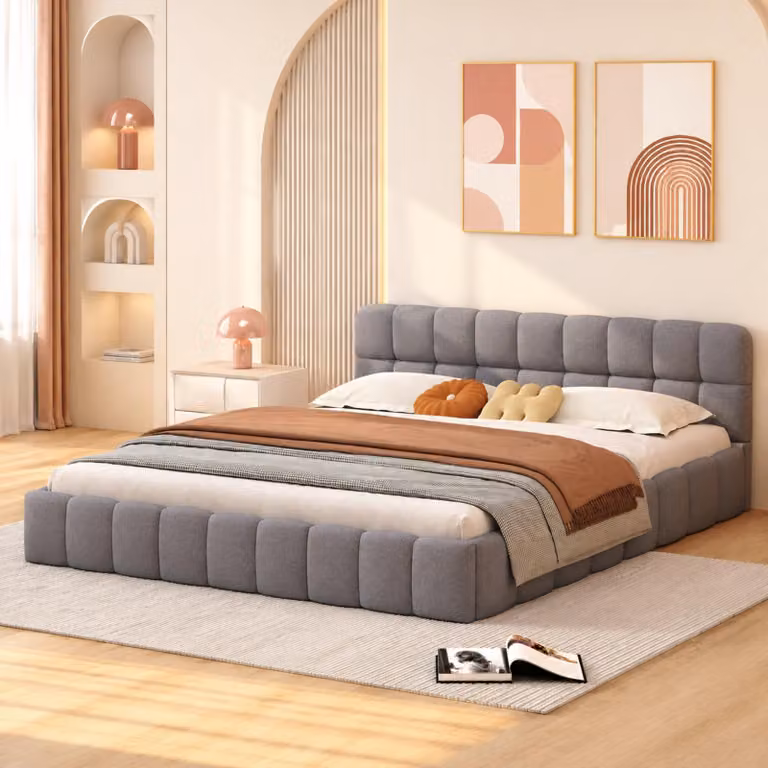 Letto imbottito matrimoniale INONEFT, 140x190 cm, modello a terra, design "bubble", ideale per ragazzi, con testiera imbottita, struttura a telaio con rete a doghe, colore grigio lino