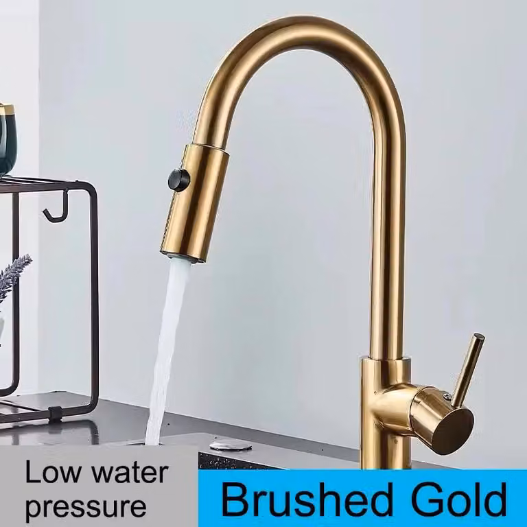 Miscelatore per cucina - Rubinetto a bassa pressione - Doccetta estraibile - Rotazione a 360° - Acqua calda e fredda - Miscelatore monocomando per lavello - Acciaio inossidabile - Installazione monoblocco - Finitura oro spazzolato