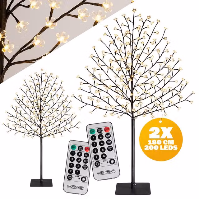 Albero di ciliegio in fiore LED monzana® con 200 LED luce bianca calda, telecomando, timer e funzione dimmerabile, colore argento, Altezza: 180 cm