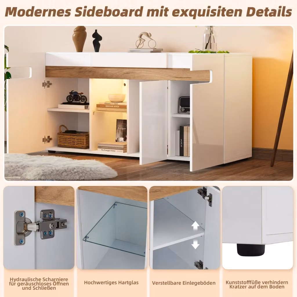 Madia moderna REDOM in MDF bianco e beige con illuminazione integrata e ripiano in vetro L/P/H: 140 x 40 x 70 cm – 2