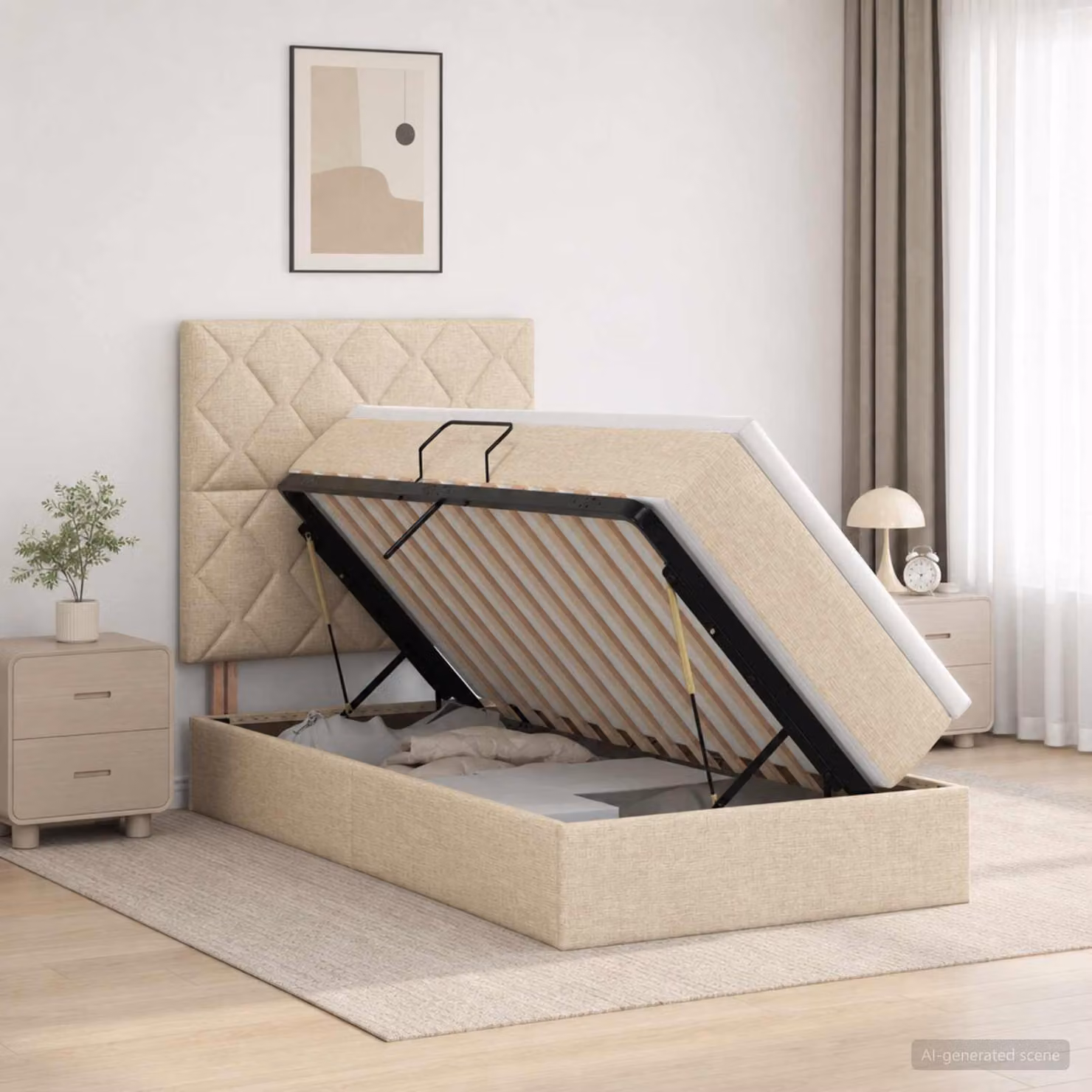 Letto con contenitore vidaXL in tessuto beige con illuminazione LED e porta USB, L/P/H: 90 x 200 x 140 cm