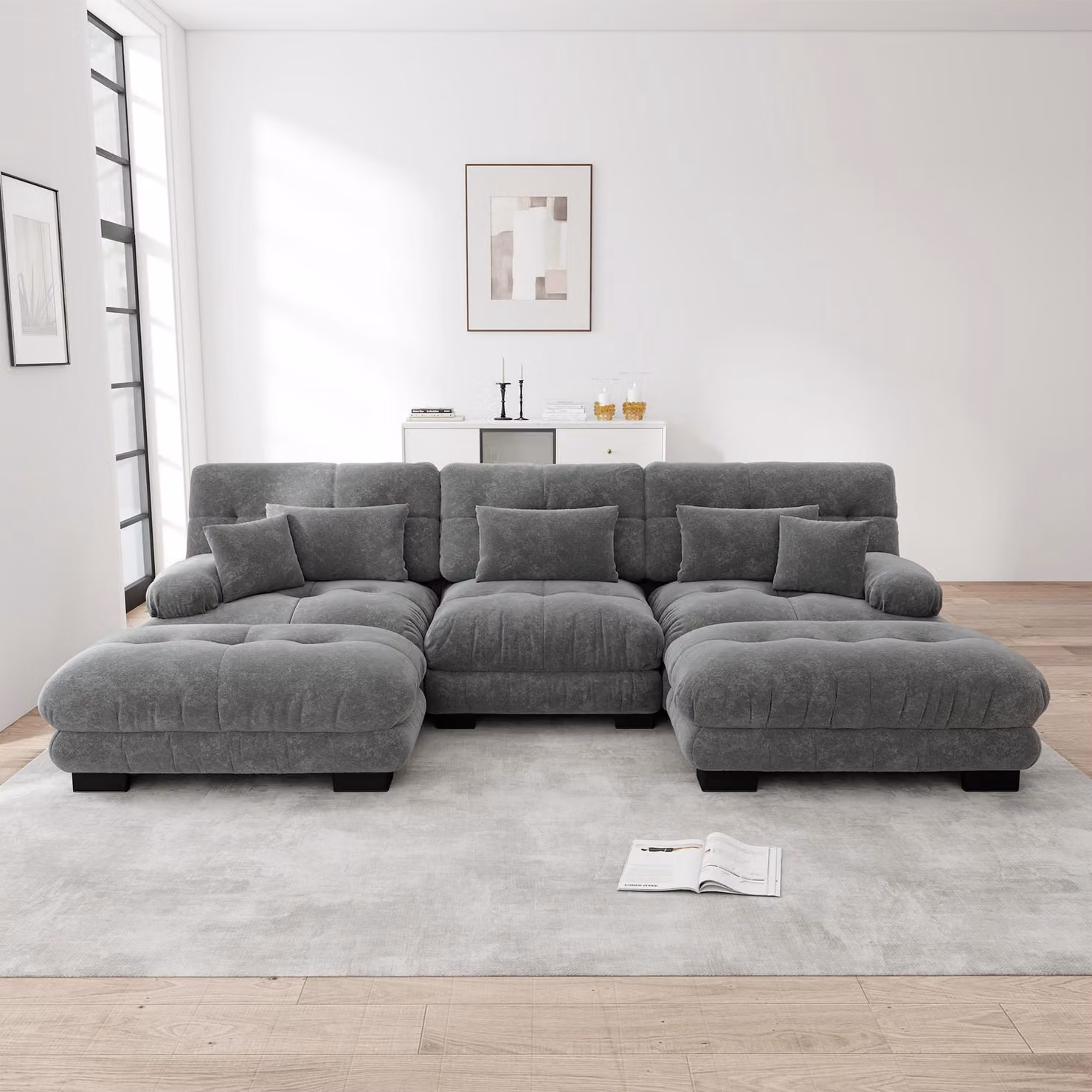 Divano angolare a forma di "L" in tessuto chenille, modello "Cloud Couch", con poggiapiedi, trasformabile in letto (grigio)