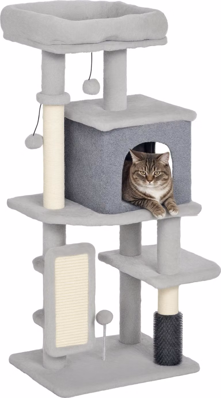 PawHut Albero per gatti, torre gioco per gatti, altezza 104 cm, con tappetino tiragraffi, letto per gatti, casa per gatti, piattaforme, spazzola per toelettatura, palline da gioco, grigio chiaro