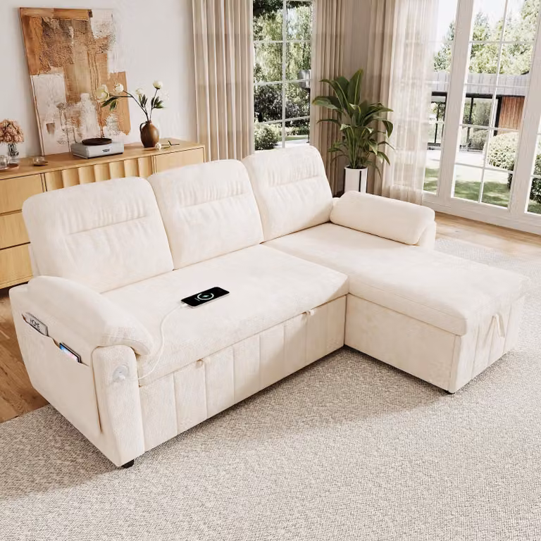 Divano a forma di L con meccanismo letto estraibile, divano angolare con porte USB e Type-C, divano letto con spazio contenitore, in tessuto tipo chenille, color beige