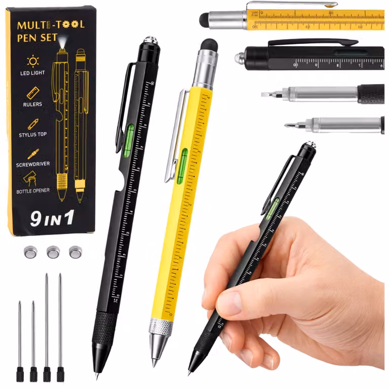 Penne multifunzione 9 in 1 Livella a bolla Torcia Cacciavite Giallo Nero 2 pezzi