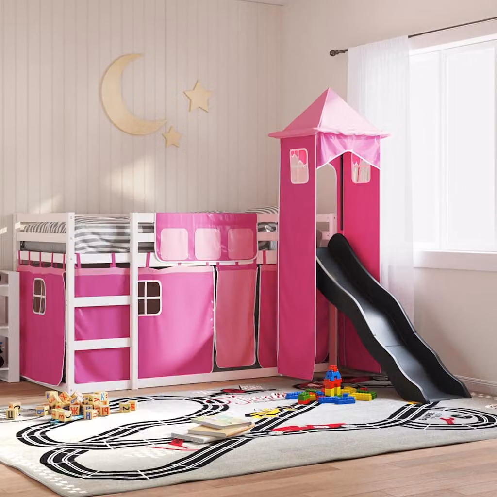 Letto a Castello con Scivolo e Tende vidaXL in Legno di Pino Rosa 90x200 cm – 1