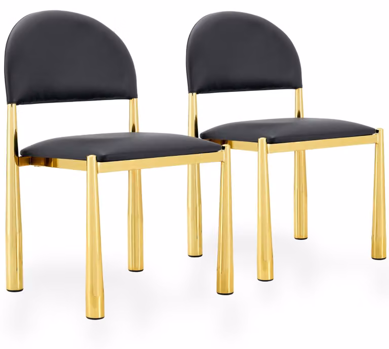 Set di 2 sedie da pranzo in ecopelle, con schienale imbottito a forma semicircolare e gambe in metallo, colore nero/oro