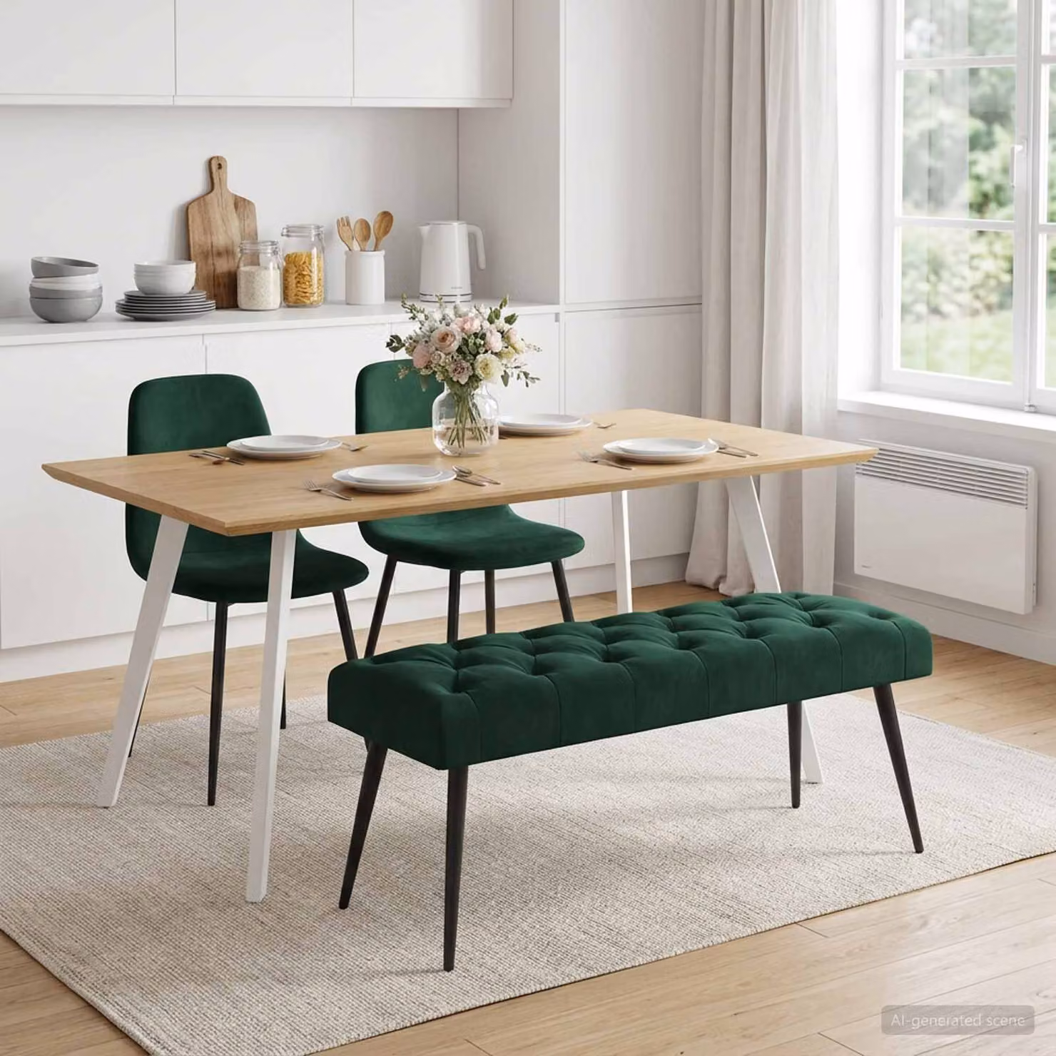 Panchina moderna vidaXL in velluto verde con bottoni imbottiti L: 110 cm, P: 40 cm, H: 46 cm
