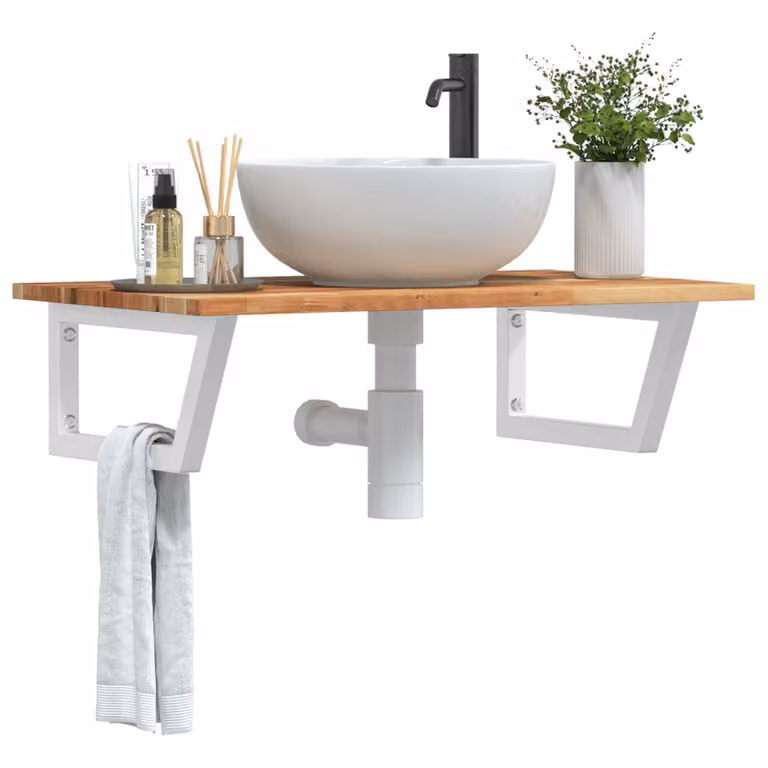 vidaXL Ripiano a Parete per Lavabo in Accacia e Metallo, Bianco e Marrone, L: 50 cm, P: 22 cm, H: 3 cm