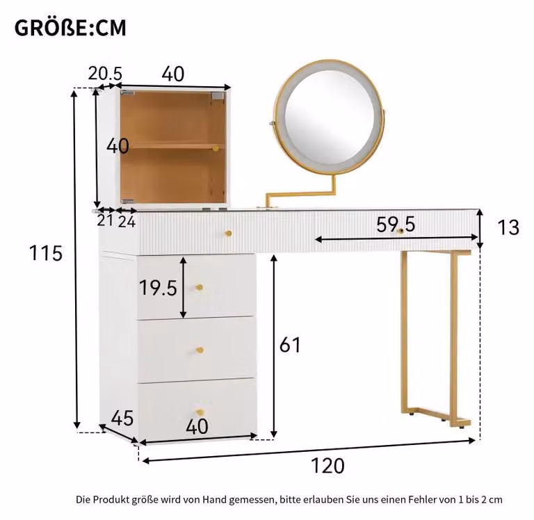 Comò da trucco con specchio a LED - Piano in vetro temperato - Struttura in legno - Dimensioni: 120 x 45 x 115 cm - Senza sgabello - Colore: oro e bianco