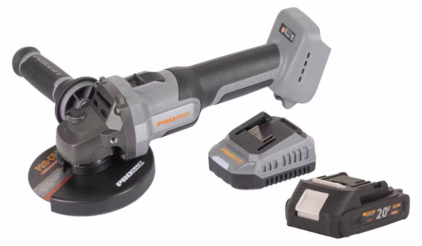 Procraft Industrial AG125Abb Smerigliatrice angolare a batteria 20 V 125 mm Brushless + 1x batteria 2,0 Ah + caricabatteria