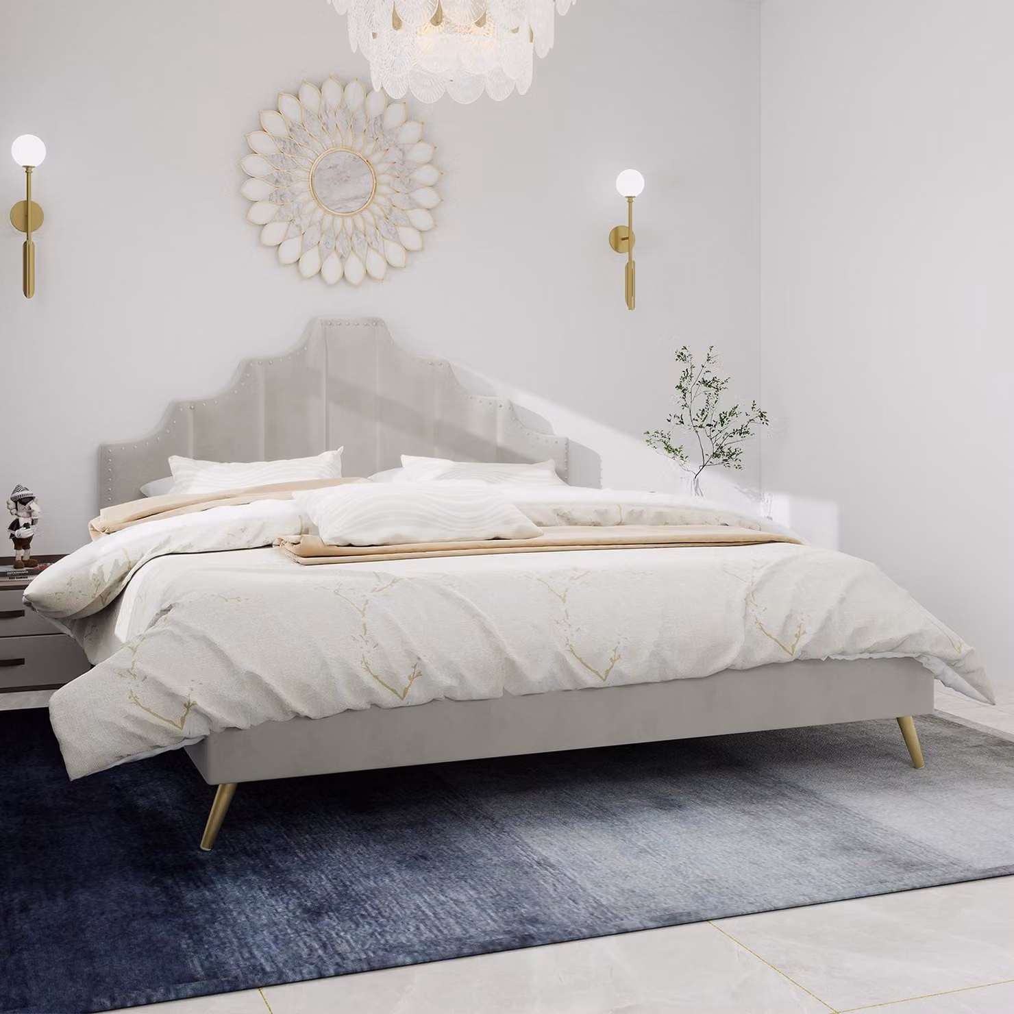 Sweiko Letto moderno minimalista morbido, testata confortevole e morbida, 140x200CM, beige, mobile multifunzionale per la camera da letto, rete bassa senza asta di sollevamento, non include il materasso.