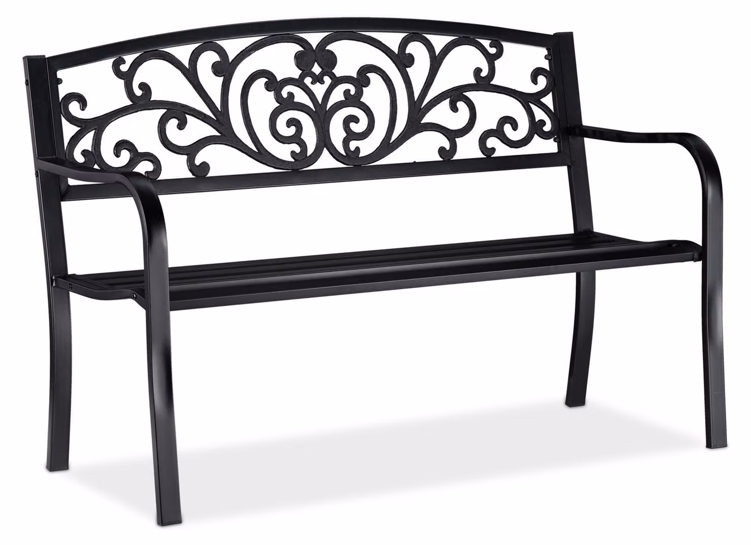 Panchina da giardino Relaxdays, comoda a due posti, con decorazioni vintage, per terrazza o balcone, A x L x P 86,5 x 127 x 60 cm, nera