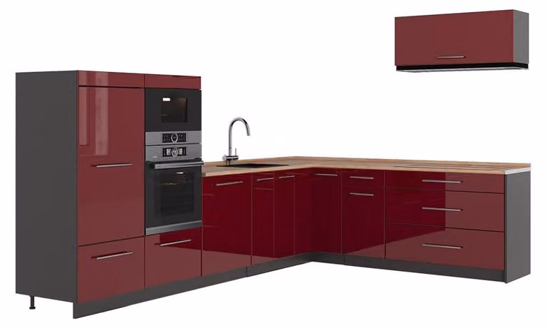 Cucina angolare completa Vicco Fame-Line Bordeaux lucido/Antracite 327 x 227 cm, PL Rovere, Model 64369