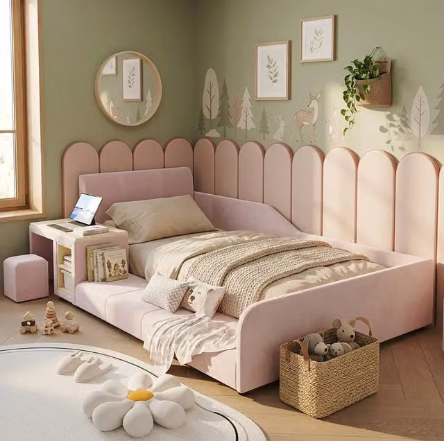 Letto singolo imbottito ULEVR 90x200 cm con scrivania, sgabello e ripiano, velluto rosa