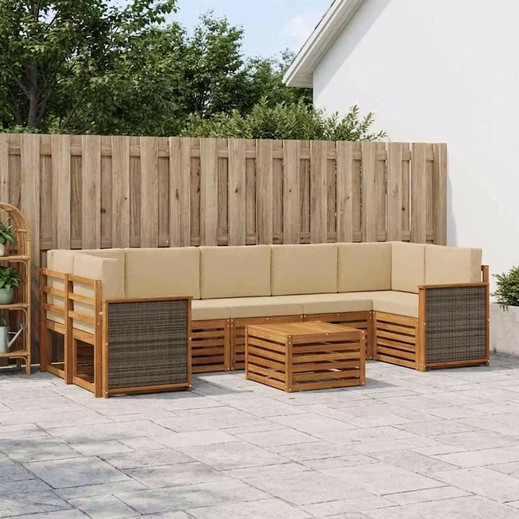 Set di divani da esterno vidaXL a forma di L composto da 8 pezzi in legno di acacia con tavolino da caffè e cuscini, colori beige e sabbia