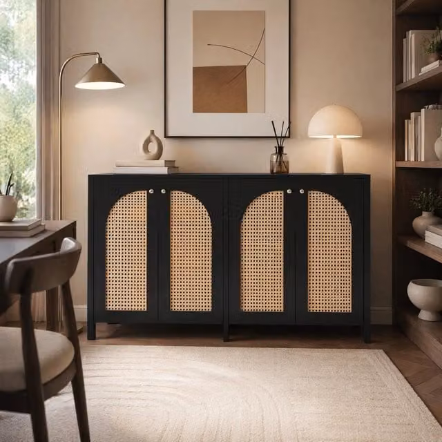 Credenza nera in MDF con 4 ante in rattan sintetico e ripiani regolabili