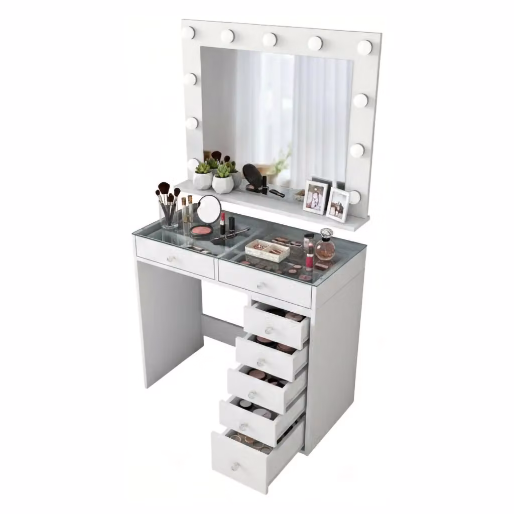 Consolle Algiedi con specchio inclusa, design moderno in bianco lucido, L 90 x P 45 x H 80 cm – 2