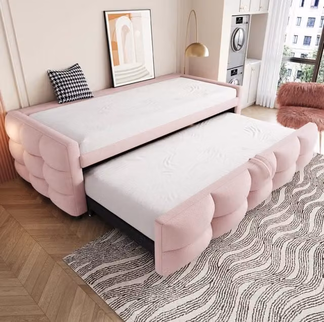 Letto a scomparsa rivestito in tessuto Teddy in velluto 90/180x190 cm rosa con doghe, senza materasso