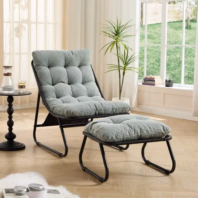 Poltrona reclinabile relax Minimal con poggiapiedi in tessuto verde chiaro e telaio nero in metallo – 1