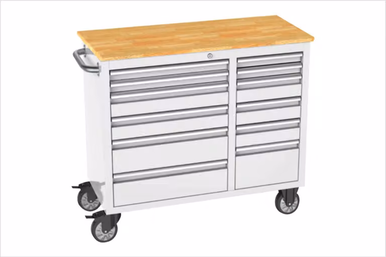 RS4 Workstation Acciaio inox 42 Armadietto portautensili con banco da lavoro in legno massello