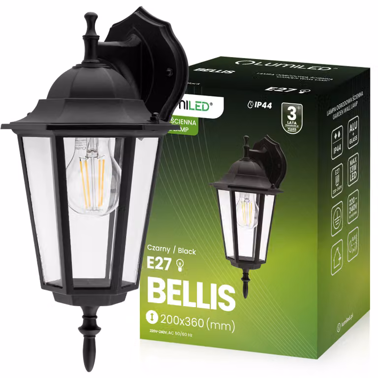 LUMILED lanterna da esterno a parete luce da esterno vintage 230V lampada da parete lampada da parete alluminio vetro nero resistente agli schizzi IP44 presa E27 verso il basso