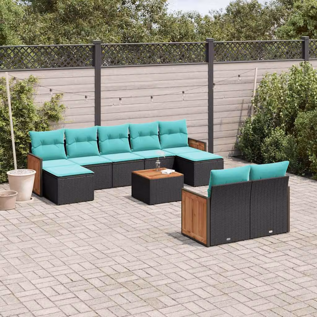 Set di divani da giardino vidaXL 10 pezzi in polyrattan nero con cuscini